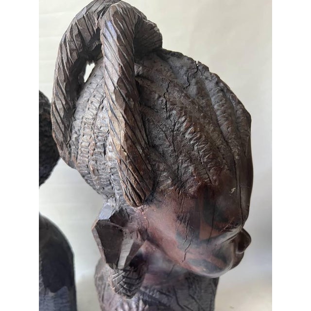 Wood Pair of Vintage Traditional African Ebony Wood Man & Woman Carving Busters For Sale - Image 7 of 17