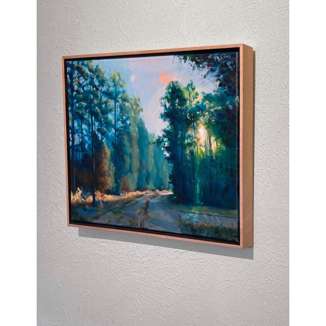 Contemporary Sunrise Pines by Tracy Wall | Mixed Media on Stretched Canvas Landscape with Pine Trees and Road For Sale - Image 3 of 4