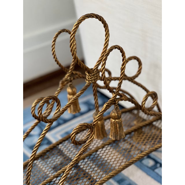 Brass Vintage Hollywood Regency Brass Rope Magazine Rack in the Style of Maison Jansen For Sale - Image 8 of 11