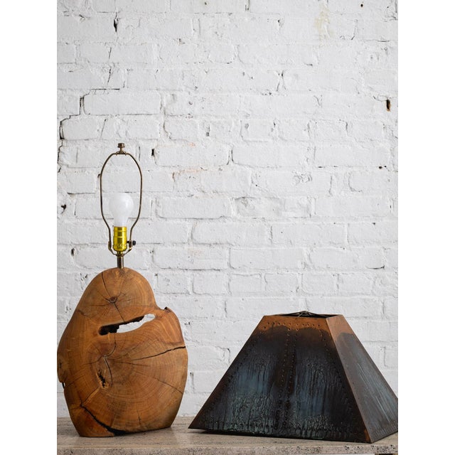 Brown Live Edge Wood Lamp With Verdigris Punched Copper Shade For Sale - Image 8 of 8