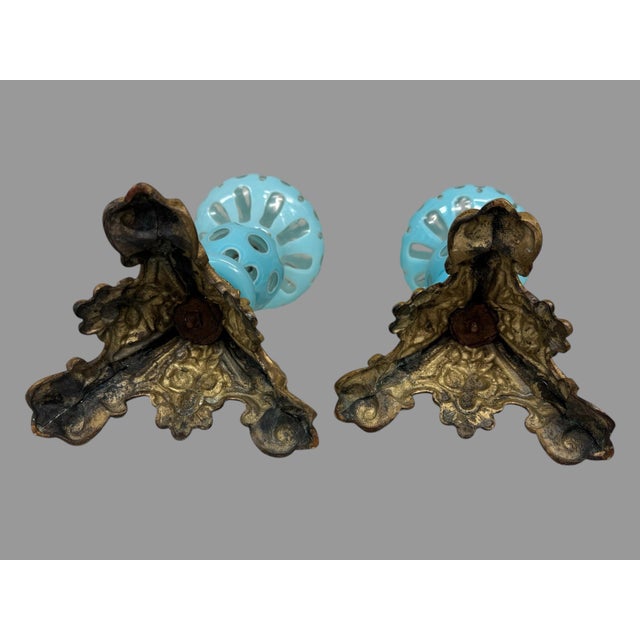 Pair of Antique Cutback Cased Glass Table Oil Lamps With Ornate Gilt Metal Bases For Sale - Image 6 of 7