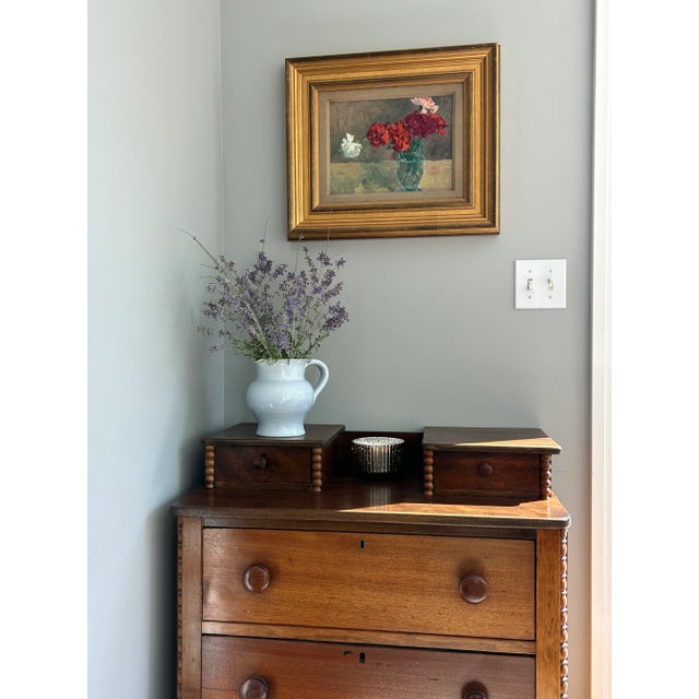 Vintage Signed Original Oil on Board Still Life Red, Pink & White Carnations in Blue Glass Vase For Sale - Image 15 of 15