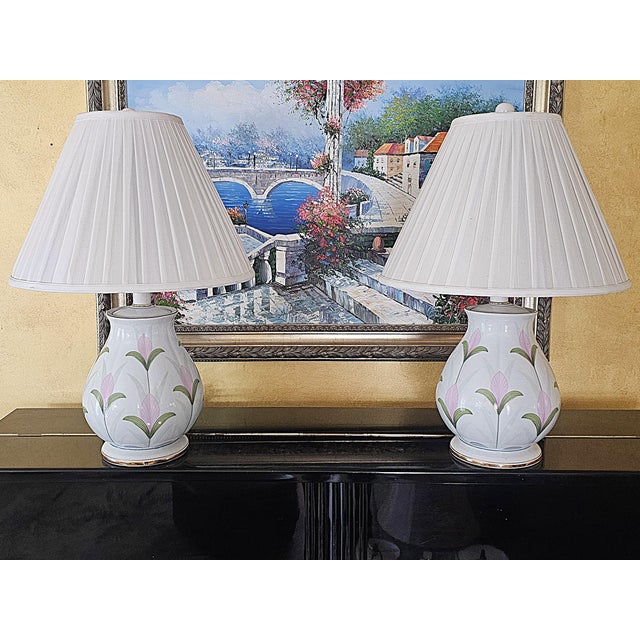 Vintage Floral Ceramic Table Lamps Pair W/ Gold Trim, Hand Painted, Pleated Shades, Hollywood Regency Cottage Decor For Sale - Image 16 of 18