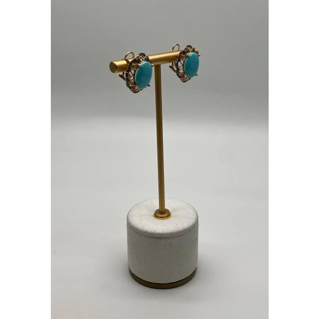 Blue Teal Turquoise Diamonds Lattice 14k Yellow Gold Statement Earrings - Set of 2 For Sale - Image 4 of 12