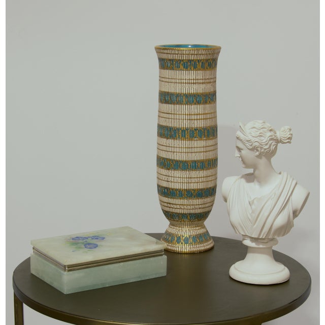 Hand-painted genuine alabaster box made in Italy, in a soft celadon-to-cream tone with pale grey and amber veining running...