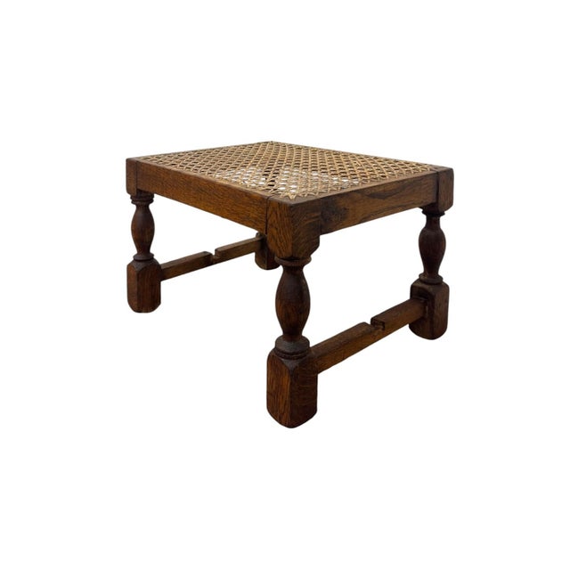 Brown Vintage English Oak Footstool With Woven Cane Top and Turned Legs. For Sale - Image 8 of 9