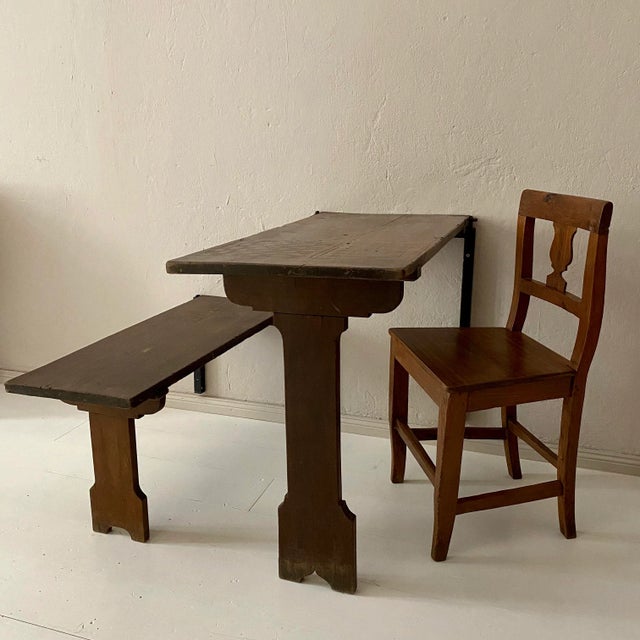 Art Deco German Wabi Sabi Brown Oak Prison Cell Table and Bench, 1930s, Set of 3 For Sale - Image 6 of 11