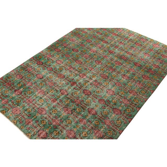 Mid-Century Modern Hand-Knotted 1960s Distressed Art Deco Rug in Green, Pink, Gold Floral Pattern For Sale - Image 3 of 6