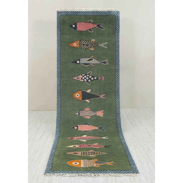 Koi Fish Olive Green Hand Knotted Runner Rug 2.6x6Ft. For Sale - Image 16 of 18