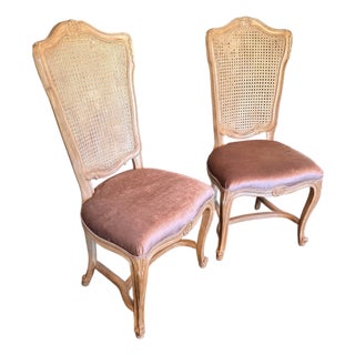 Pair French Louis XV Rosé Silk Velvet Woven Cane Back Accent Chairs For Sale