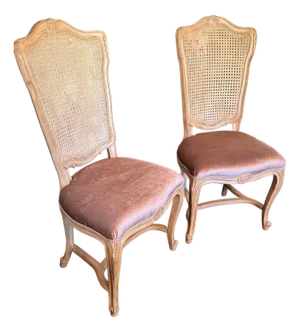 Pair French Louis XV Rosé Silk Velvet Woven Cane Back Accent Chairs