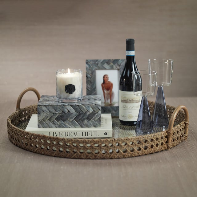 Coastal Zadar Round Open Weave Rattan Tray with Clear Glass For Sale - Image 3 of 5