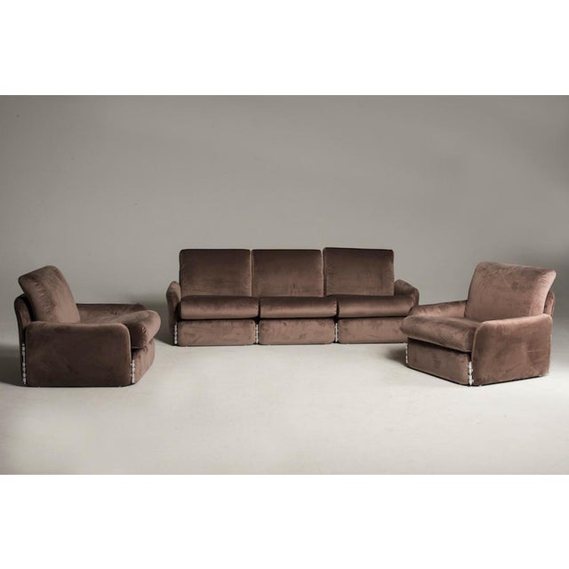 Brown Sofa and Armchairs in Velvet & Chromed Details, 1970s, Set of 3 For Sale - Image 3 of 15