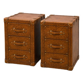 Luxury Leather Chestnut Brown Nightstand Pair, Handmade Vintage Trunk Bedside Tables, Leather Drawer Cabinet, Brass Studded Bedroom Storage For Sale