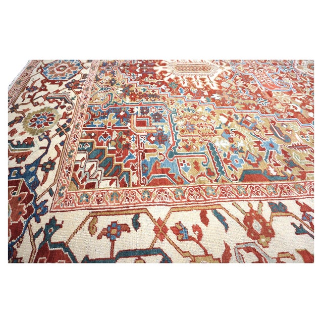 Red Antique Persian Heriz Wool 11X19 Rust, Ivory & Blue Handmade Area Rug #1140939 For Sale - Image 8 of 17