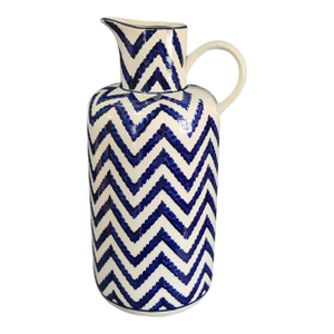Late 20th Century Apropos Contemporary Blue & White Chevron Pattern Ceramic Pitcher Vase