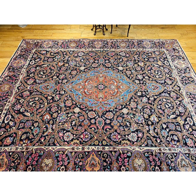 Vintage Persian Khorassan Rug, Hand-Knotted Wool, Floral Pattern, Navy & Turquoise, 10x12 For Sale - Image 10 of 11