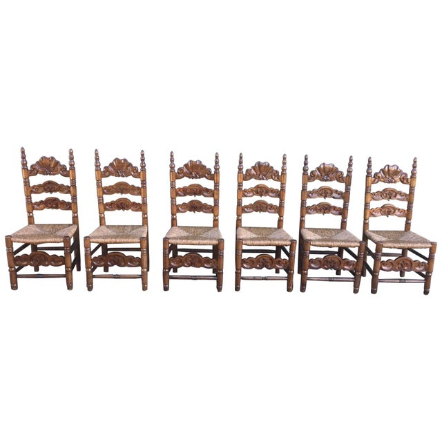 20th Century Set of Six Catalan Chairs in Carved Walnut and Caned Seats For Sale - Image 15 of 18