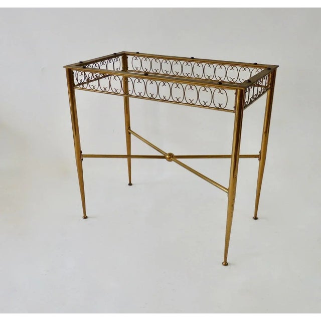 Metal Tommi Parzinger Style Brass Base Vitrolite Glass Top Console Table For Sale - Image 7 of 9