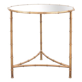 Vintage French Pedestal Table in Gilded Metal with Imitation Bamboo Finish and Glass Top For Sale