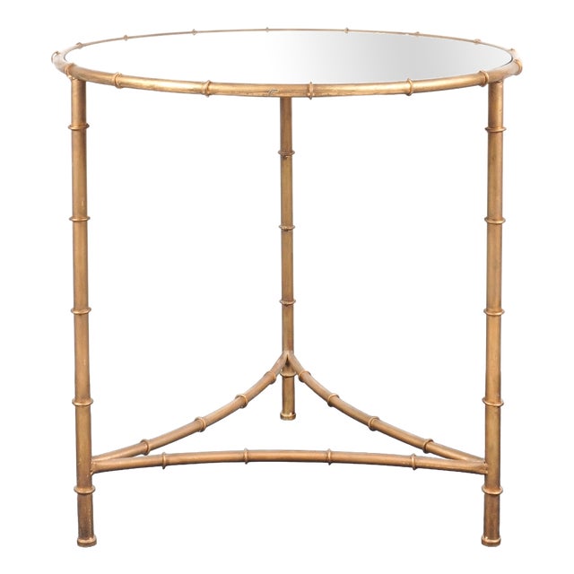 Vintage French Pedestal Table in Gilded Metal with Imitation Bamboo Finish and Glass Top For Sale