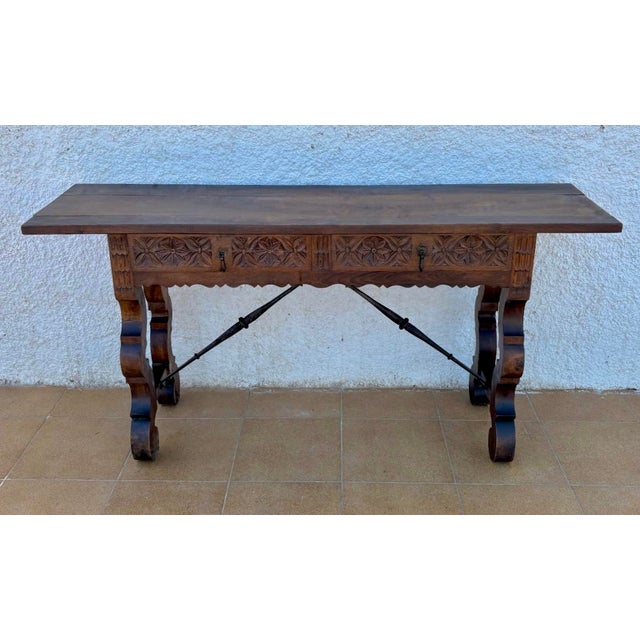 Spanish Console Table with Two Carved Drawers and Iron Stretcher, 1890s For Sale - Image 3 of 15