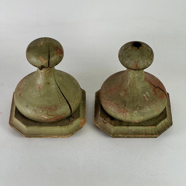 Pair of 19th C. Architectural Salvaged Large Onion Shaped Wood Finials, Painted Green For Sale In New York - Image 6 of 15