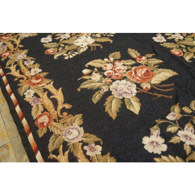 1980s Black Floral European Vintage Needlepoint Carpet 7'10'' X 9'6'' Flatweave Wool Rug For Sale In New York - Image 6 of 9
