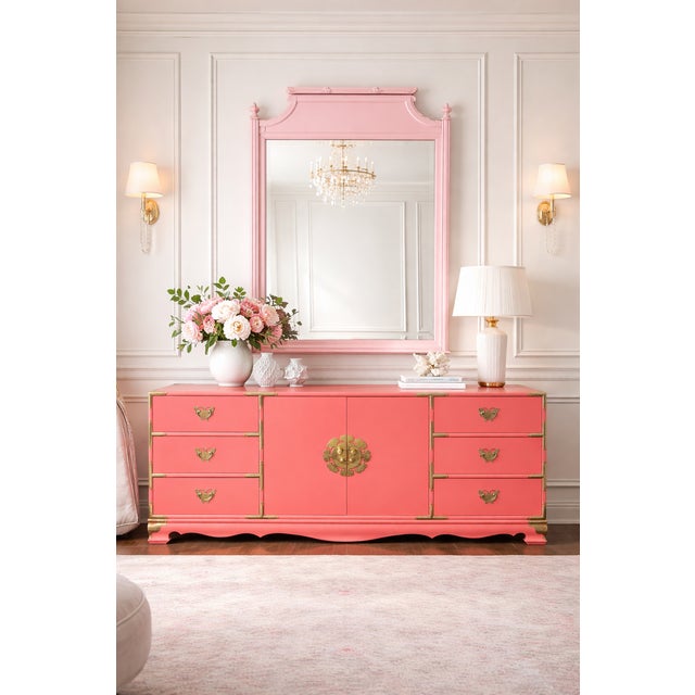 A refined statement in elevated Palm Beach glamour, this iconic Henry Link pagoda-style mirror has been impeccably...