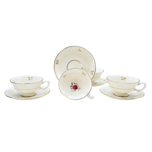 1990s Lenox Rhodora P-471 Cups & Saucers – Set of 4 Pink Rose Gilded Fine Porcelain Tea Set For Sale - Image 5 of 8