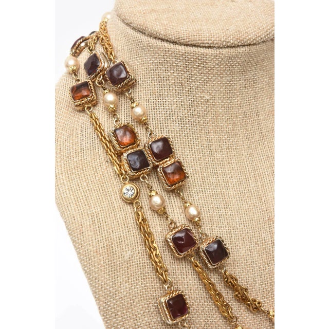 Gold Vintage Rare Chanel Gripoix Purple, Pink, Amber Glass, Faux Pearl & Chain Strand Long Necklace For Sale - Image 8 of 10