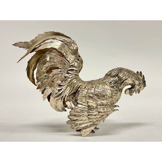 Pair Antique Silver Cockerel Rooster Figurines / Sculptures For Sale - Image 11 of 18