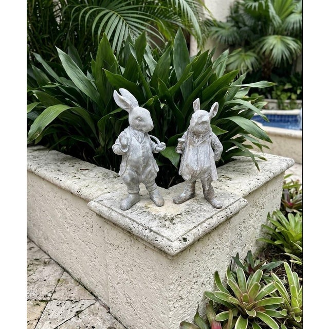 Vintage Cast Iron Gentleman Rabbit Garden Statues - Set of 2 Dapper Hare Figures (Pipe & Goblet) For Sale - Image 10 of 12