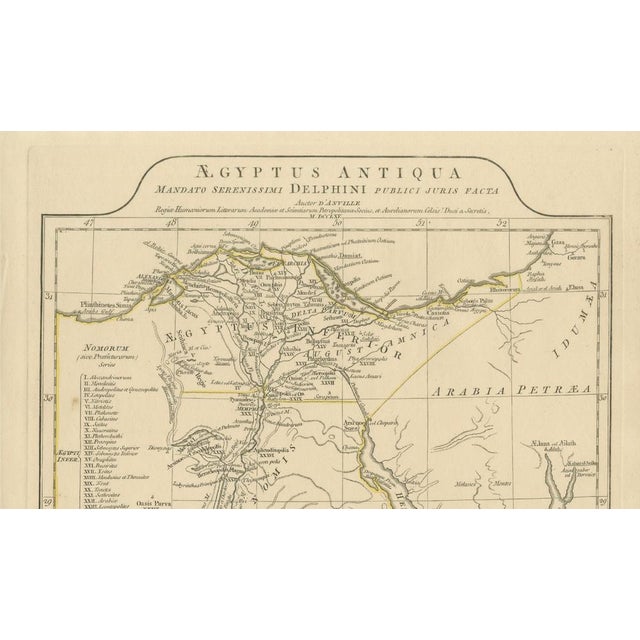 Elegant antique map depicting ancient Egypt, extending from the Nile Delta through Upper Egypt to Nubia, with the Red Sea...