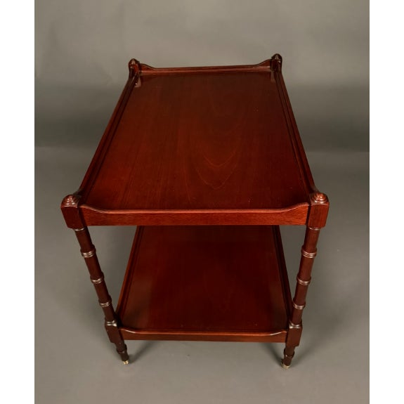 Mahogany classic English style Hepplewhite style side table with brass casters and turned legs, made by the high-end...