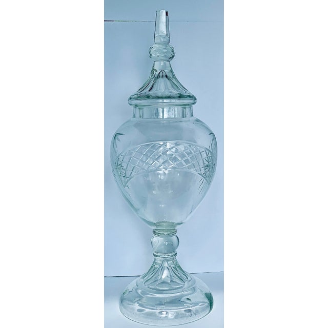 Monumental English Antique Late 19th Century Blown Cut-Glass Apothecary Jar With Faceted Finial Cover For Sale - Image 13 of 13