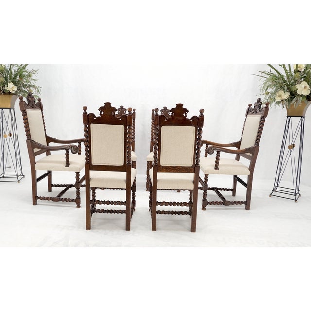 6 Fine Carved Oak Lion Heads Twisted Legs New Upholstery Jacobean Dining Chairs For Sale - Image 9 of 14