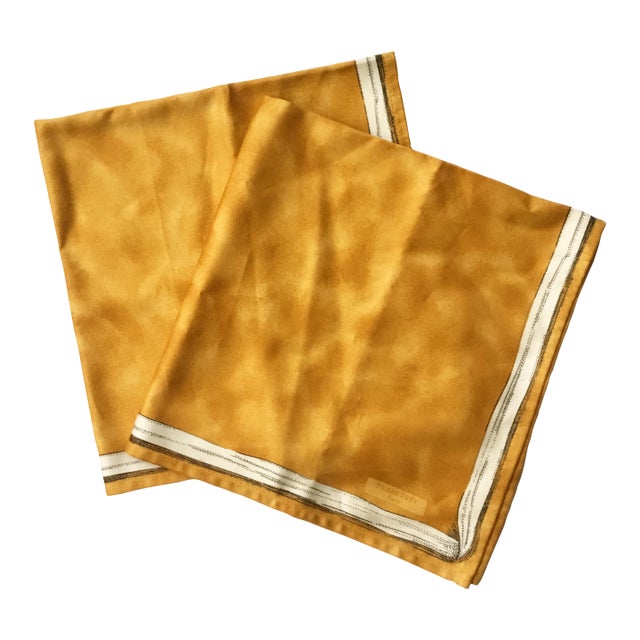 Late 20th Century Pierre Frey Golden Satin Lime Wash Cream Ribbon Cotton Napkins Paris- Set of 2 For Sale