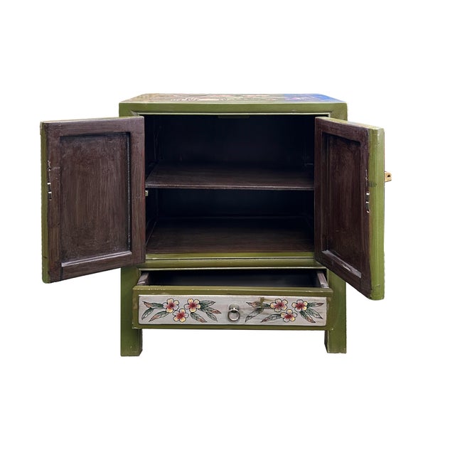 Olive Green Oriental People Graphic End Table Nightstand For Sale - Image 4 of 9