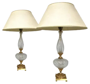 Neoclassical Cut Crystal & Brass Table Lamps, Italy, 1950s, Set of 2