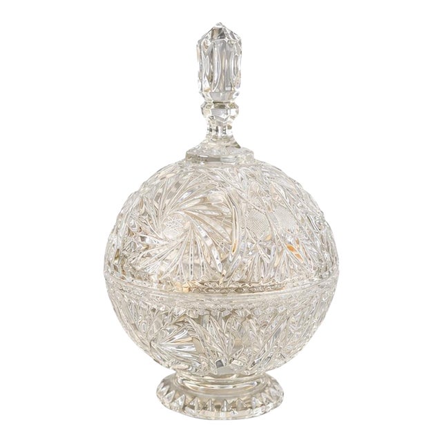 Antique American Brilliant Cut Glass Lidded Jar Hobstar Pedestal For Sale
