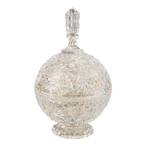 Antique American Brilliant Cut Glass Lidded Jar Hobstar Pedestal