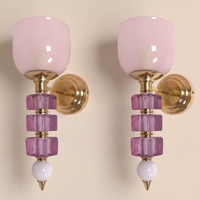 Mid-Century Modern 1990s Pink and Purple Murano Glass Sconces - a Pair For Sale - Image 3 of 13