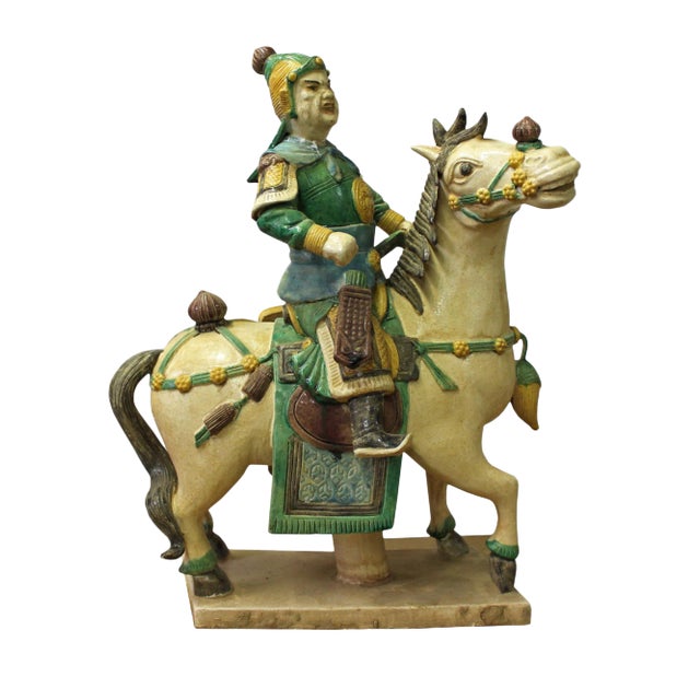 Chinese Vintage Handmade Ceramic Warrior On Horse Figure For Sale