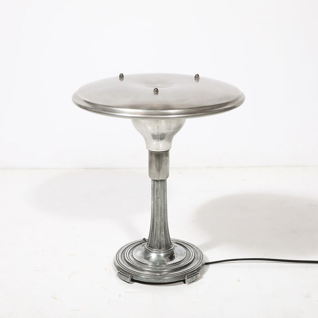 Art Deco Machine Age Saucer Form Polished Aluminum Table Lamp W/ Sculptural Base For Sale - Image 9 of 11