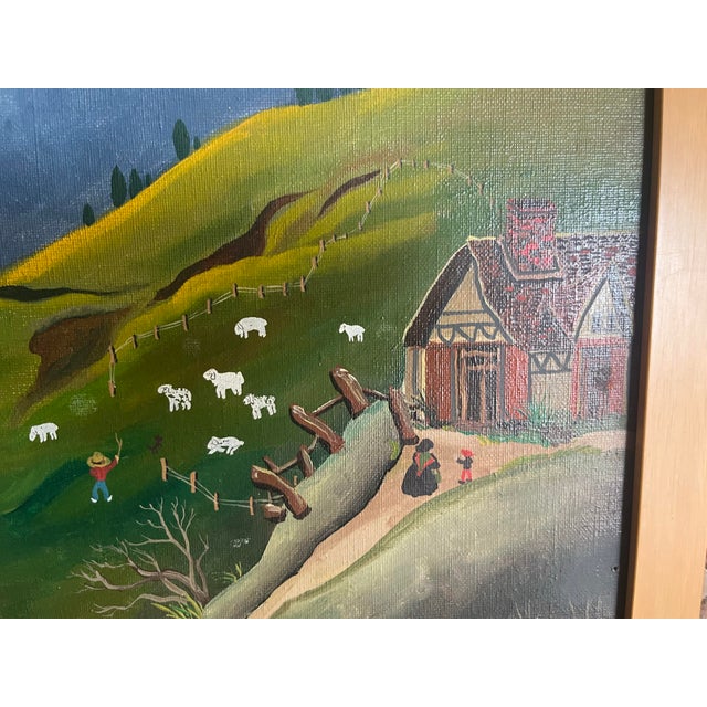 1970s 1970s Bin Kashiwa Original Oil Painting Folk Art Country Village Framed Canvas Signed For Sale - Image 5 of 12