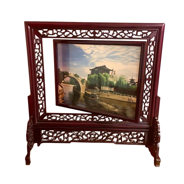 This Chinese Silk Table Screen features a hand-embroidered double sided silk panel depicting a river landscape with a boat...