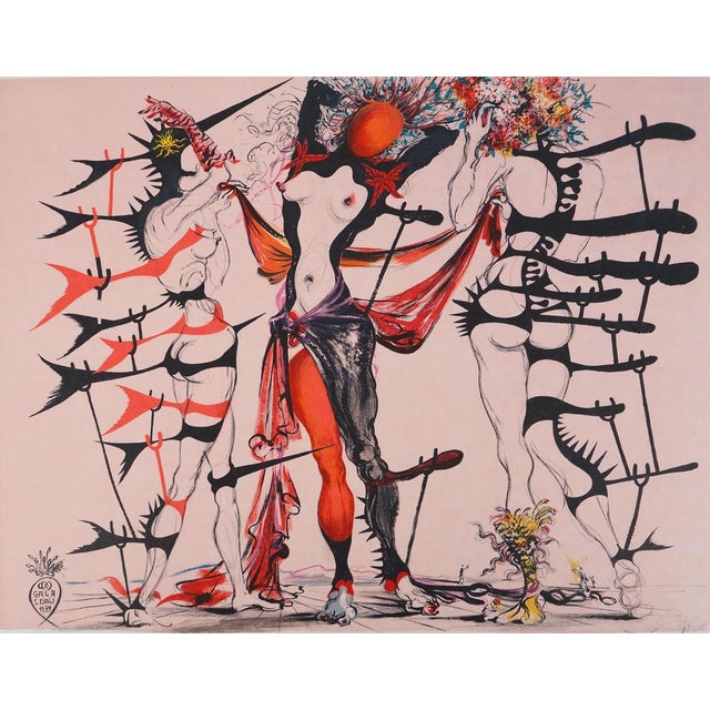 Modern Salvador Dali, Costumes for Tristan Fou, Flower Women, Original Signed Lithograph For Sale - Image 3 of 11