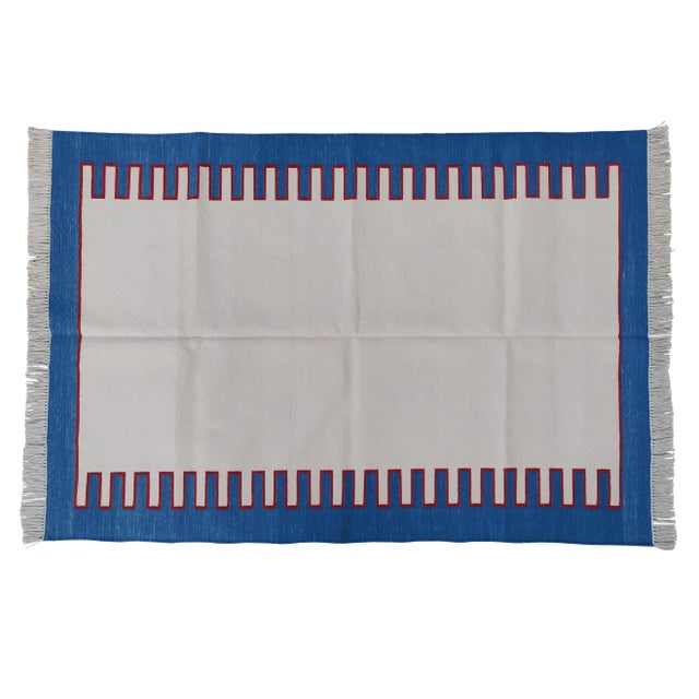 Textile Handmade Cotton Key Rug, White with Red and Sky Blue Border 6'x9' For Sale - Image 7 of 8