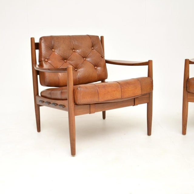 Wood Swedish Leather and Walnut Armchairs by Ingemar Thillmark for Ope, 1960, Set of 2 For Sale - Image 7 of 14